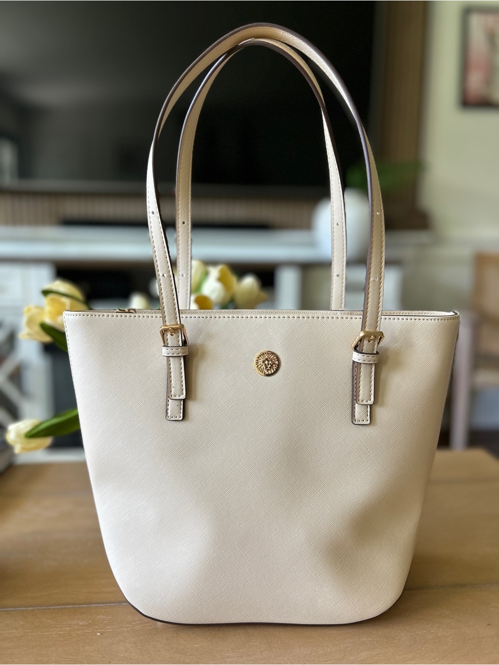Anne Klein Cream Leather Tote Bag with Gold Accent